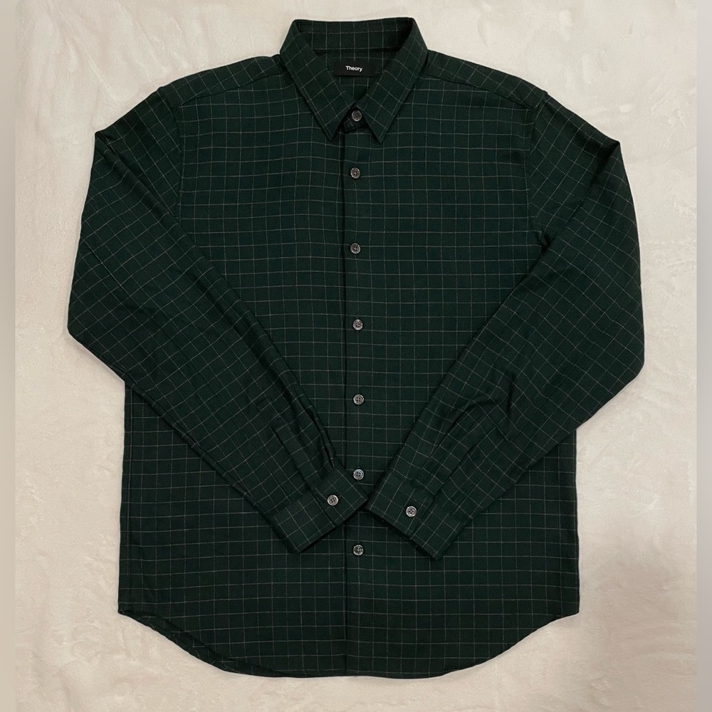 Theory Men Button front Dress Shirt Green Gingham Plaid Long Sleeve Size L Large